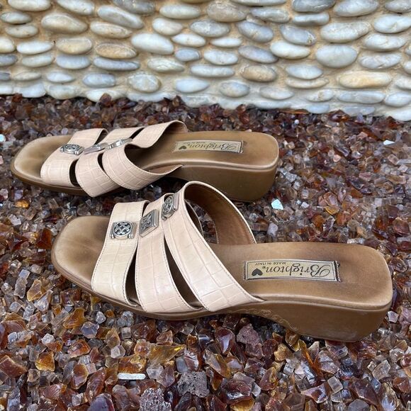 Brighton Brandy Cream/Beige/Nude Leather Croc Embossed 3 Strap Wedge Sandal 7.5 - Picture 4 of 8